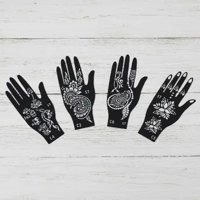 Picture of 4 pcs Henna Stencil Indian Style Flower Lace Hands Glitter Airbrush for Women Hand Makeup Paint Mehndi Tattoo or mehedi stickers Template Reusable