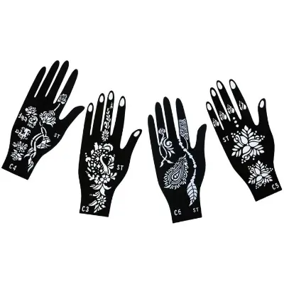 Picture of 4 pcs Henna Stencil Indian Style Flower Lace Hands Glitter Airbrush for Women Hand Makeup Paint Mehndi Tattoo or mehedi stickers Template Reusable