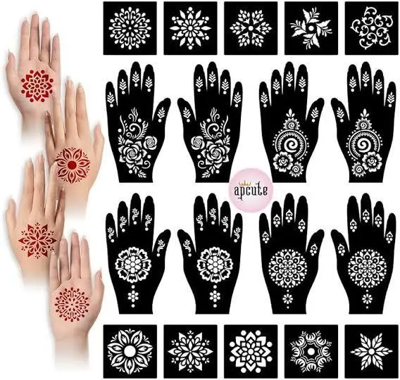 Picture of 4 pcs Henna Stencil Indian Style Flower Lace Hands Glitter Airbrush for Women Hand Makeup Paint Mehndi Tattoo or mehedi stickers Template Reusable