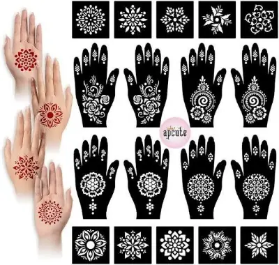 Picture of 4 pcs Henna Stencil Indian Style Flower Lace Hands Glitter Airbrush for Women Hand Makeup Paint Mehndi Tattoo or mehedi stickers Template Reusable