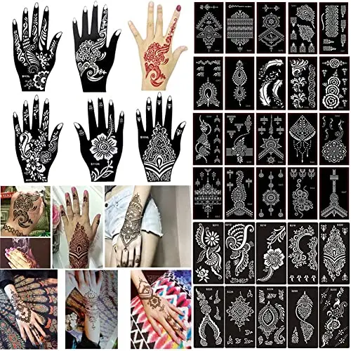 Picture of 4 pcs Henna Stencil Indian Style Flower Lace Hands Glitter Airbrush for Women Hand Makeup Paint Mehndi Tattoo or mehedi stickers Template Reusable