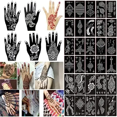 Picture of 4 pcs Henna Stencil Indian Style Flower Lace Hands Glitter Airbrush for Women Hand Makeup Paint Mehndi Tattoo or mehedi stickers Template Reusable