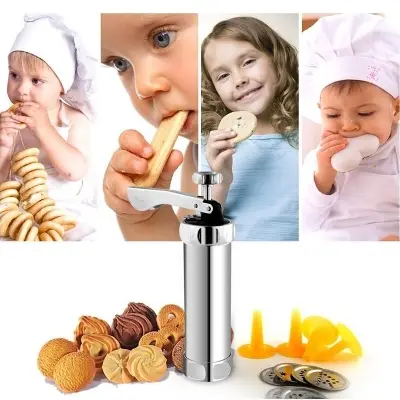 Picture of Cookie Maker Press Machine with 4 nozzles and 10 different molds.