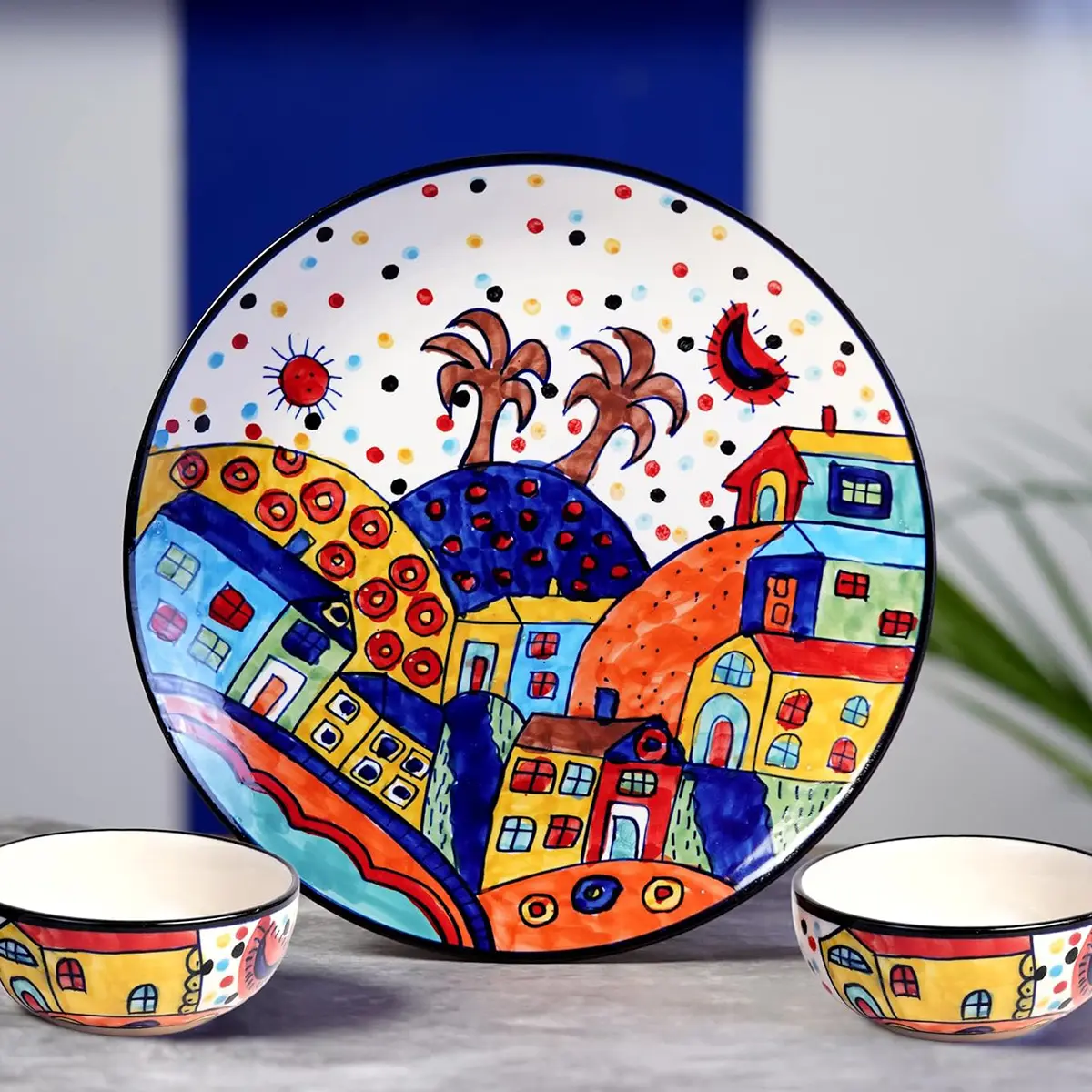 Picture of Ceramic Hut Hand painted Serving Dinner Plate Thali Set Of 2, 4, 6 Microwave Safe-Multi( 2pcs)
