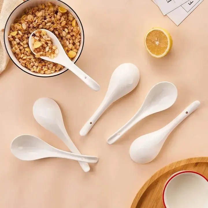 Picture of 6 pcs Plain White Ceramic Spoon (6 pcs) Kis Soup Spoon, Korean Chinese Rice Scoop Ice Cream Ladle, Porcelain Dinner Spoon - Minimalistic Sophistication(White)