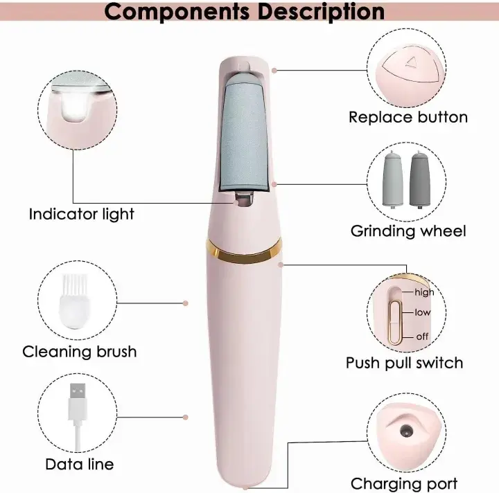 Picture of Rechargeable Electric pedicure set foot grinder Callus Remover USB Rechargeable Feet Pedicure Tool With 2 Replaceable roller heads