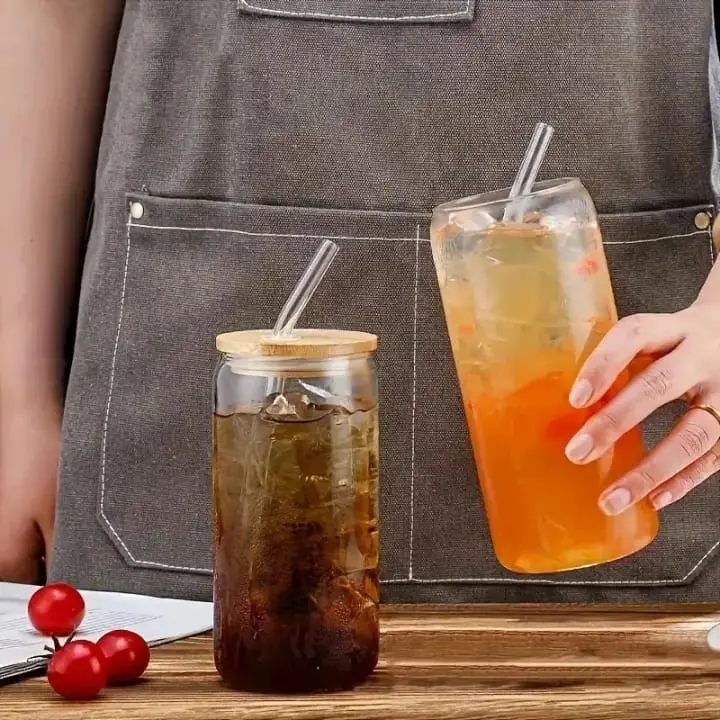 Picture of 1pc, Glass Cups, 17.8oz/550ml Glass Cups With Lids And Straws, Mason Jar Drinking Glasses, Ice Coffee Cup, Glass