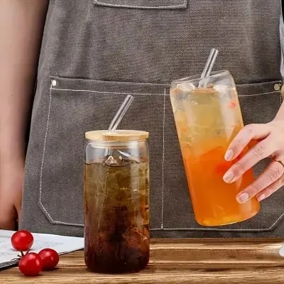 Picture of 1pc, Glass Cups, 17.8oz/550ml Glass Cups With Lids And Straws, Mason Jar Drinking Glasses, Ice Coffee Cup, Glass