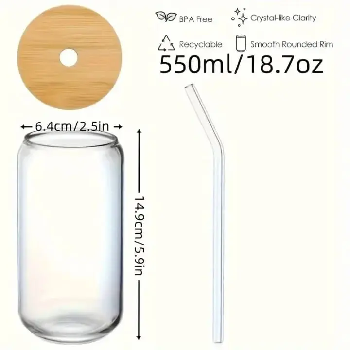 Picture of 1pc, Glass Cups, 17.8oz/550ml Glass Cups With Lids And Straws, Mason Jar Drinking Glasses, Ice Coffee Cup, Glass