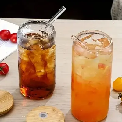 Picture of 1pc, Glass Cups, 17.8oz/550ml Glass Cups With Lids And Straws, Mason Jar Drinking Glasses, Ice Coffee Cup, Glass