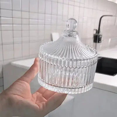 Picture of 1 Pc 200ml Glass Decorative Bowl - Royal Shape, Lining Design, Ideal for Candy