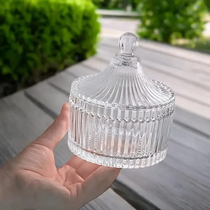 Picture of 1 Pc 200ml Glass Decorative Bowl - Royal Shape, Lining Design, Ideal for Candy