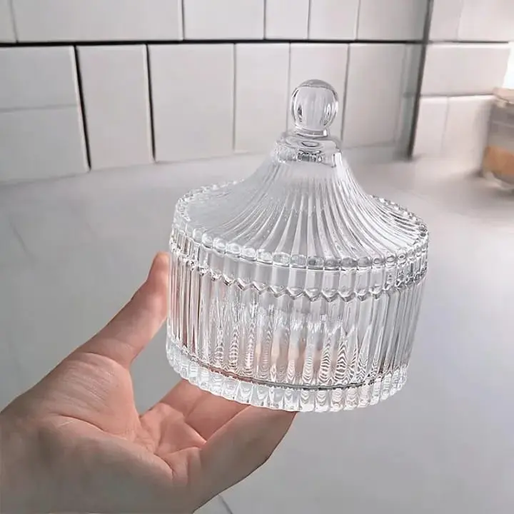 Picture of 1 Pc 200ml Glass Decorative Bowl - Royal Shape, Lining Design, Ideal for Candy