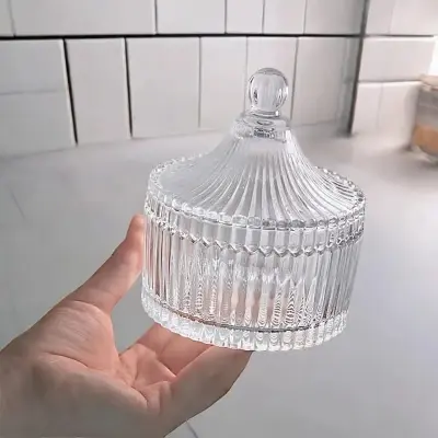 Picture of 1 Pc 200ml Glass Decorative Bowl - Royal Shape, Lining Design, Ideal for Candy