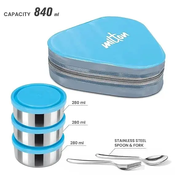 Picture of MILTON Triyum Stainless Steel Tiffin, 3 Container, 280 ml Each, with Jacket, Spoon & Fork, Lunch Box Food Grade