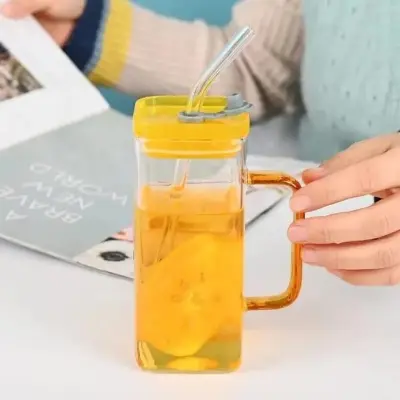 Picture of 400ml/Glass Made Straw/Glaas Made Body/and High Quality plastic Lid. Beautiful Square Masonjar/  Drinking /Juice Mug(Yellow)