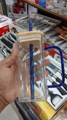 Picture of 400ml/Glass Made Straw/Glaas Made Body/and High Quality Wooden Lid. Beautiful Square Masonjar/  Drinking /Juice Mug(Blue)