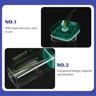 Picture of 400ml/Glass Made Straw/Glaas Made Body/and High Quality plastic Lid. Beautiful Square Masonjar/  Drinking /Juice Mug