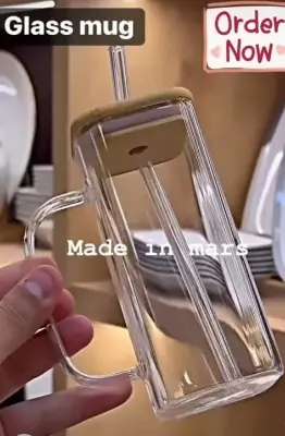 Picture of 400ml/Glass Made Straw/Glaas Made Body/and High Quality Wooden Lid. Beautiful Square Masonjar/  Drinking /Juice Mug