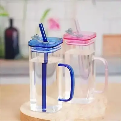 Picture of 400ml/Glass Made Straw/Glaas Made Body/and High Quality plastic Lid. Beautiful Square Masonjar/  Drinking /Juice Mug