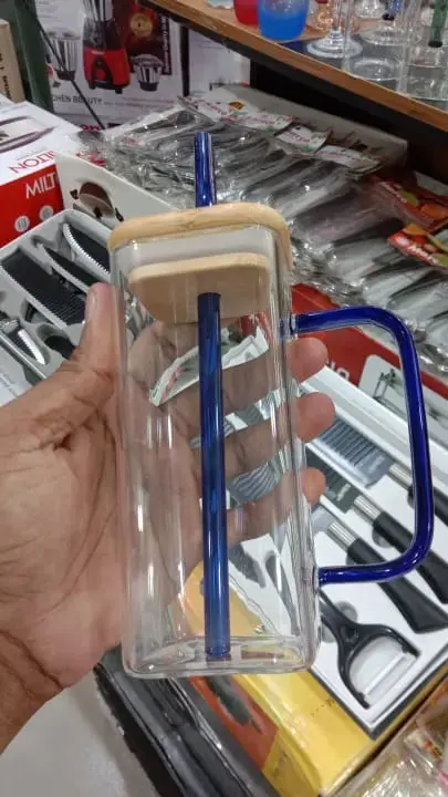 Picture of 400ml/Glass Made Straw/Glaas Made Body/and High Quality Wooden Lid. Beautiful Square Masonjar/  Drinking /Juice Mug(Blue)