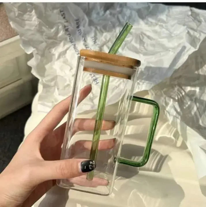 Picture of 400ml/Glass Made Straw/Glaas Made Body/and High Quality Wooden Lid. Beautiful Square Masonjar/  Drinking /Juice Mug