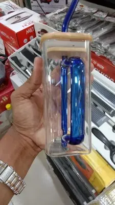 Picture of 400ml/Glass Made Straw/Glaas Made Body/and High Quality Wooden Lid. Beautiful Square Masonjar/  Drinking /Juice Mug