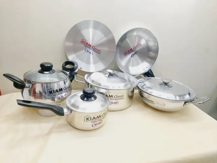 Picture of Exclusive 10 pcs Kiam Family Pack Cookware Set Aluminium. Casserole Stock Pot, Korai, Milk Pan, Baly Such Pan, Ruti Tawa, Fry Pan &(Silver)