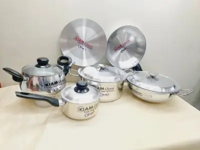 Picture of Exclusive 10 pcs Kiam Family Pack Cookware Set Aluminium. Casserole Stock Pot, Korai, Milk Pan, Baly Such Pan, Ruti Tawa, Fry Pan &(Silver)