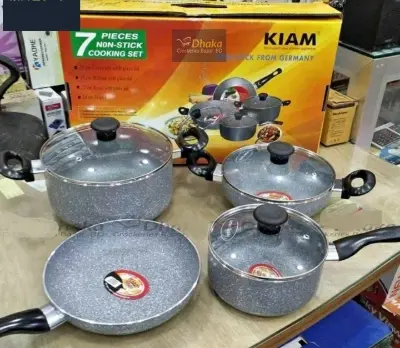 Picture of Kiam Non Stick 7 Pcs Cookware Set For Superior Release -1Pc Casserol, 1Pc Fry pan, 1Pc Karai and 1Pc Milk pan with 3 lids
