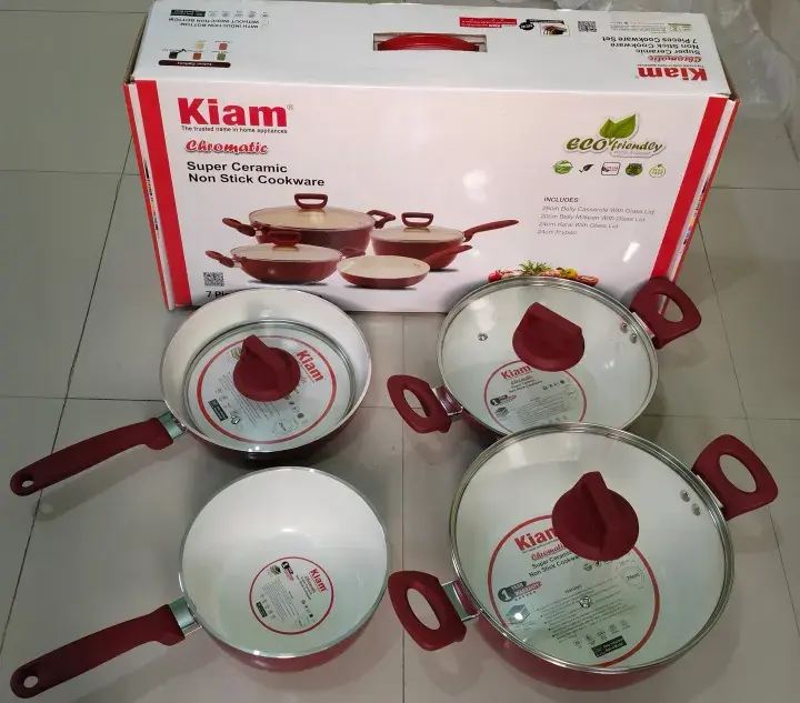 Picture of Kiam Non Stick 7 Pcs Cookware Set For Superior Release -1Pc Casserol, 1Pc Fry pan, 1Pc Karai and 1Pc Milk pan with 3 lidsNon stick, Ceramic, Die casting