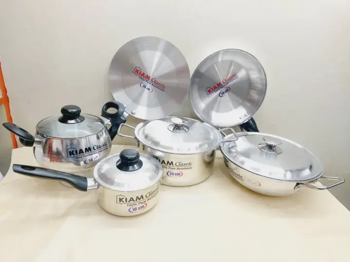 Picture of Exclusive 10 pcs Kiam Family Pack Cookware Set Aluminium. Casserole Stock Pot, Korai, Milk Pan, Baly Such Pan, Ruti Tawa, Fry Pan &(Silver)