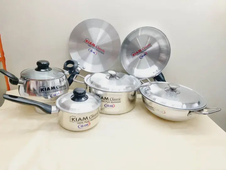 Picture of Exclusive 10 pcs Kiam Family Pack Cookware Set Aluminium. Casserole Stock Pot, Korai, Milk Pan, Baly Such Pan, Ruti Tawa, Fry Pan &(Silver)