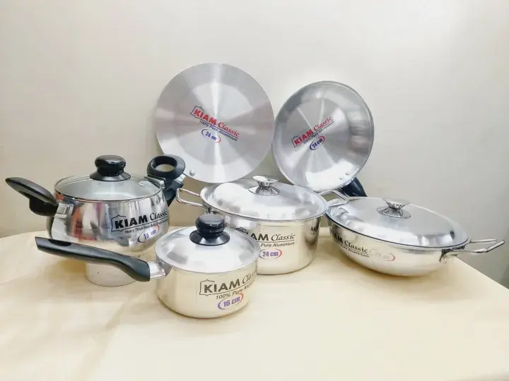 Picture of Exclusive 10 pcs Kiam Family Pack Cookware Set Aluminium. Casserole Stock Pot, Korai, Milk Pan, Baly Such Pan, Ruti Tawa, Fry Pan &(Silver)