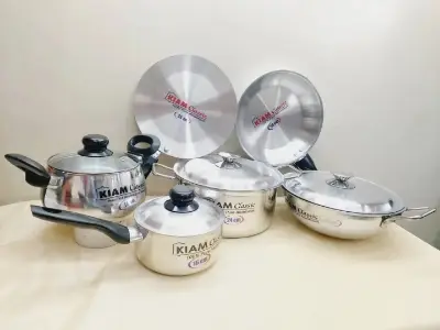 Picture of Exclusive 10 pcs Kiam Family Pack Cookware Set Aluminium. Casserole Stock Pot, Korai, Milk Pan, Baly Such Pan, Ruti Tawa, Fry Pan &(Silver)