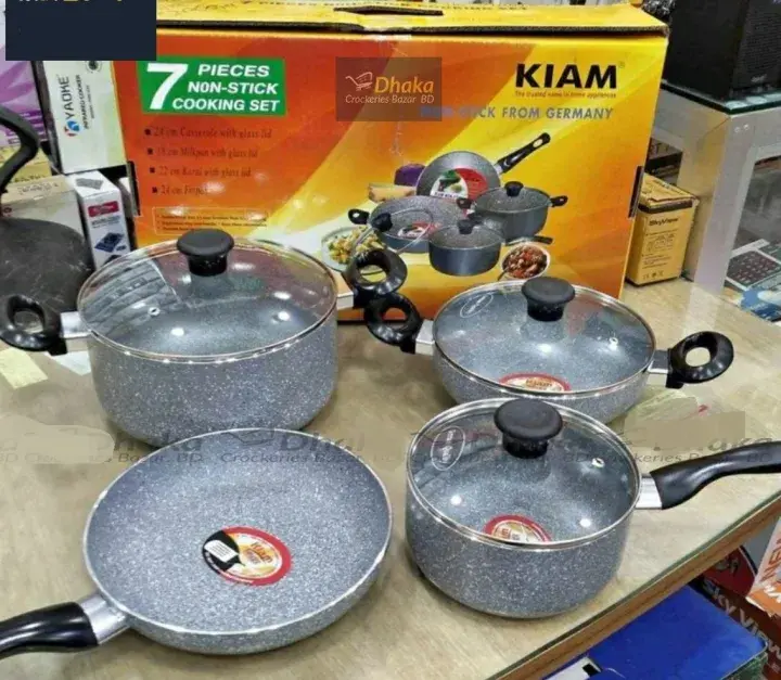 Picture of Kiam Non Stick 7 Pcs Cookware Set For Superior Release -1Pc Casserol, 1Pc Fry pan, 1Pc Karai and 1Pc Milk pan with 3 lids