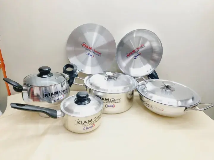 Picture of Exclusive 10 pcs Kiam Family Pack Cookware Set Aluminium. Casserole Stock Pot, Korai, Milk Pan, Baly Such Pan, Ruti Tawa, Fry Pan &(Silver)
