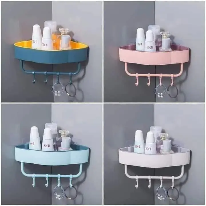 Picture of bathroom, kitchen self with hanger Free Punch Wall Corner Bathroom Storage Shelves Shelf With Hook Bathroom