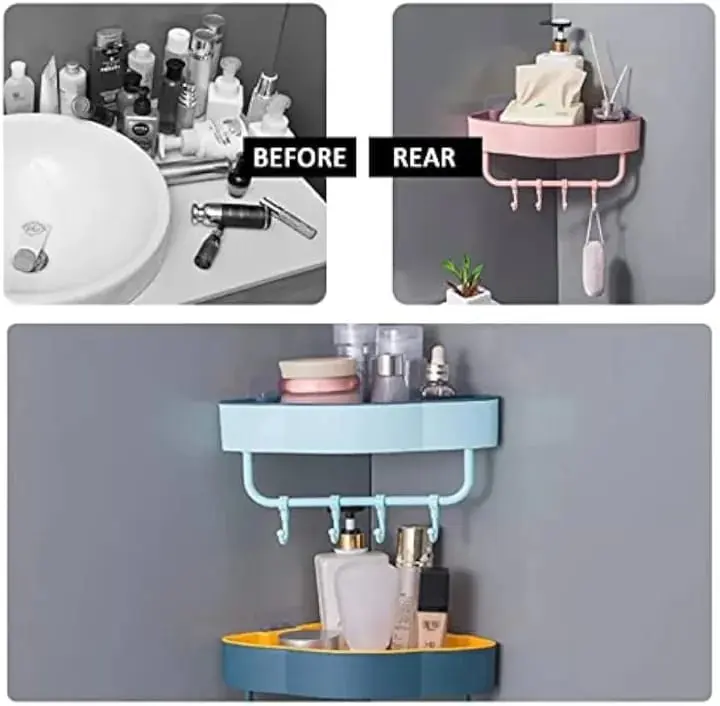 Picture of bathroom, kitchen self with hanger Free Punch Wall Corner Bathroom Storage Shelves Shelf With Hook Bathroom