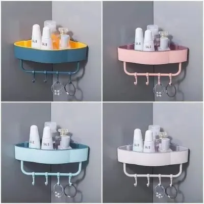 Picture of Bathroom, kitchen self with hanger Free Punch Wall Corner Bathroom Storage Shelves Shelf With Hook Bathroom