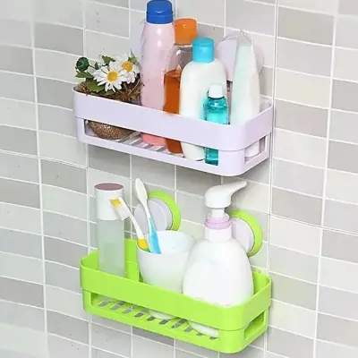 Picture of Suction Cup Bathroom Shelf Basket Rack Organizer Hanging Wall Kitchen Seasoner Shelf Storage Holder Racks Accessories