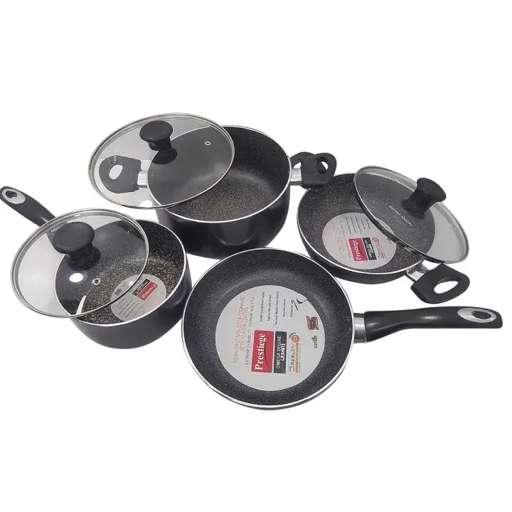 Picture of Prestiege Granite Coated 7 Pcs Induction Cookware Set For Superior Release -1Pc Casserol, 1Pc Fry pan, 1Pc Karai, 1Pc Milk pan and 3 lids Gift And Home Use