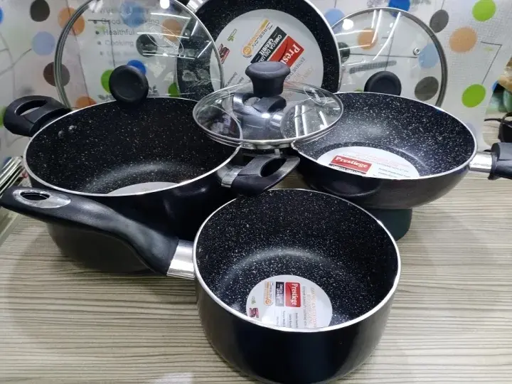 Picture of Prestiege Granite Coated 7 Pcs Induction Cookware Set For Superior Release -1Pc Casserol, 1Pc Fry pan, 1Pc Karai, 1Pc Milk pan and 3 lids Gift And Home Use