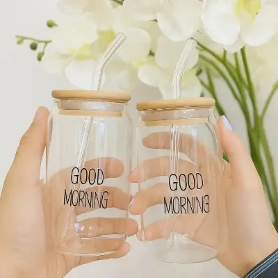 Picture of GOOD Morning Glass Cup With Lid and Straw Transparent Bubble Tea Cup Juice Glass Beer Coffee Cup Milk Mocha Cups Breakfast Mug