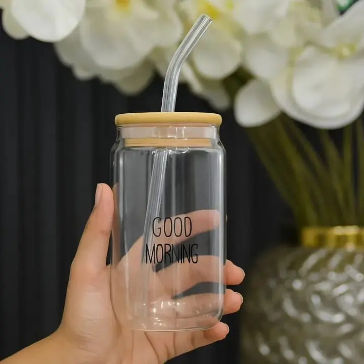 Picture of GOOD Morning Glass Cup With Lid and Straw Transparent Bubble Tea Cup Juice Glass Beer Coffee Cup Milk Mocha Cups Breakfast Mug