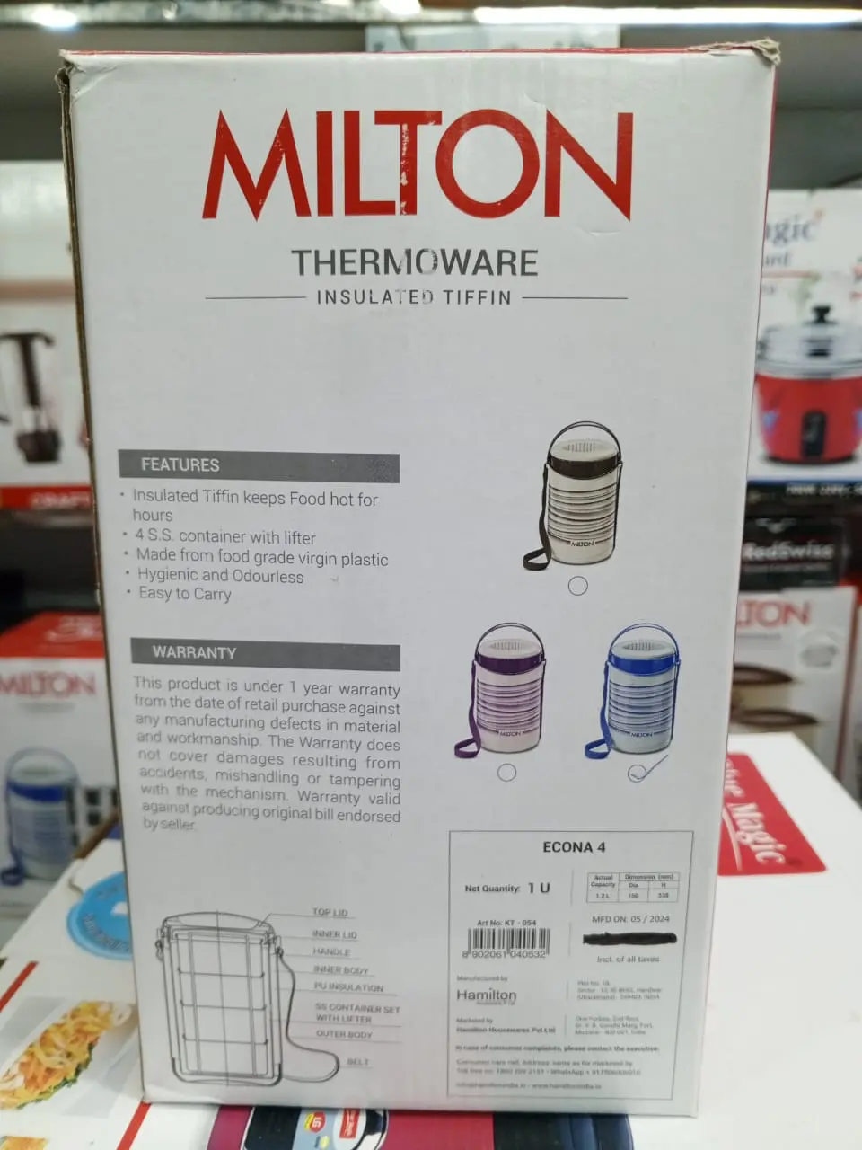 Picture of Milton New Econa - 4 Stainless Steel Tiffin Box - Insulated, Hot & Cold Leak Proof 4 Liyar Lunch Box for Office, College, Picnic(Blue)