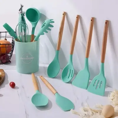 Picture of 12 Pcs Silicone Cooking Utensils Kitchen Utensil Set - Heat Resistant Non-Toxic BPA Free Spatula Set With Turner Tong, Spoon, Brush, Whisk-Wooden Handles Kitchen Gadgets Tools Set For Nonstick Cockware(White)