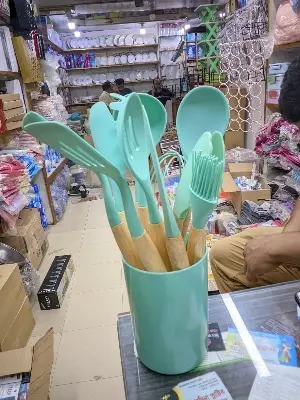 Picture of 12 Pcs Silicone Cooking Utensils Kitchen Utensil Set - Heat Resistant Non-Toxic BPA Free Spatula Set With Turner Tong, Spoon, Brush, Whisk-Wooden Handles Kitchen Gadgets Tools Set For Nonstick Cockware(White)