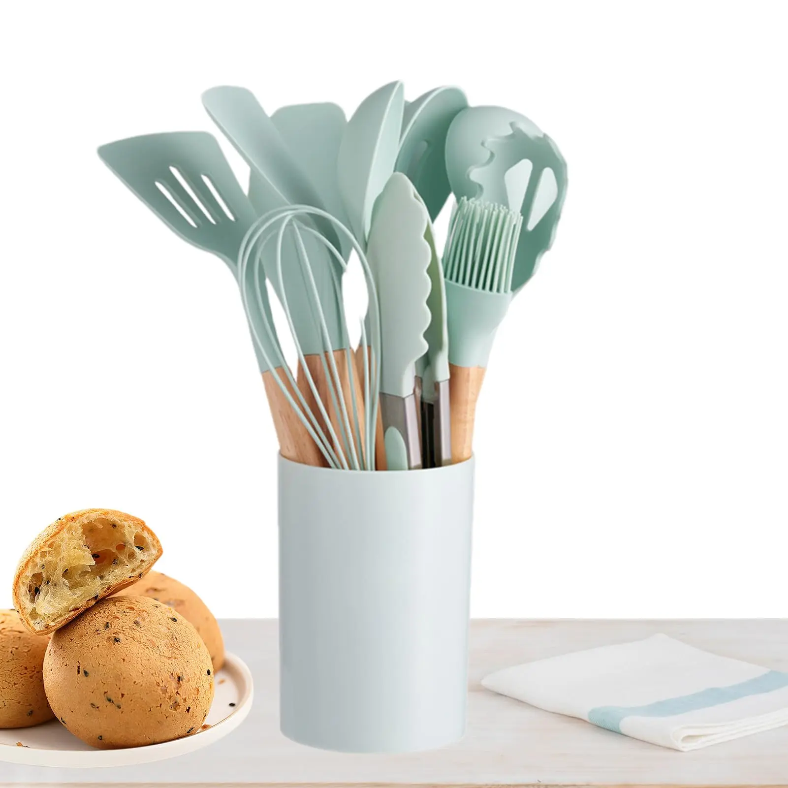 Picture of 12 Pcs Silicone Cooking Utensils Kitchen Utensil Set - Heat Resistant Non-Toxic BPA Free Spatula Set With Turner Tong, Spoon, Brush, Whisk-Wooden Handles Kitchen Gadgets Tools Set For Nonstick Cockware(White)