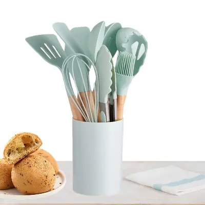 Picture of 12 Pcs Silicone Cooking Utensils Kitchen Utensil Set - Heat Resistant Non-Toxic BPA Free Spatula Set With Turner Tong, Spoon, Brush, Whisk-Wooden Handles Kitchen Gadgets Tools Set For Nonstick Cockware(White)